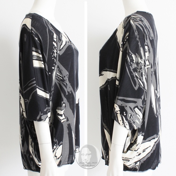 Emilio Pucci Top Batwing Sleeve Wool Blend Abstract Black White Gray Beige US 10 - Picture 4 of 9